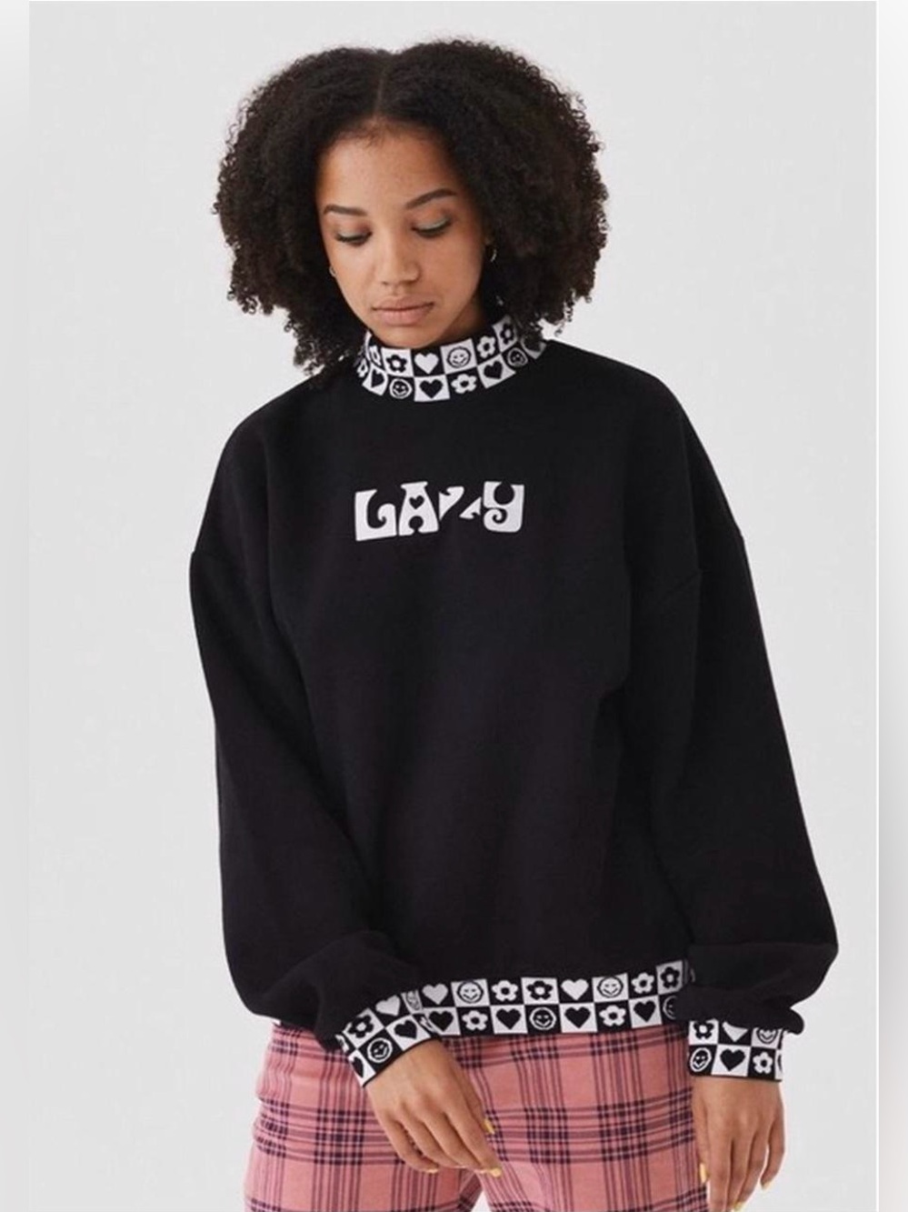 Lazy Oaf Black White Sweatshirt Hearts Mockneck Crewneck Pullover Women S/M Y2K